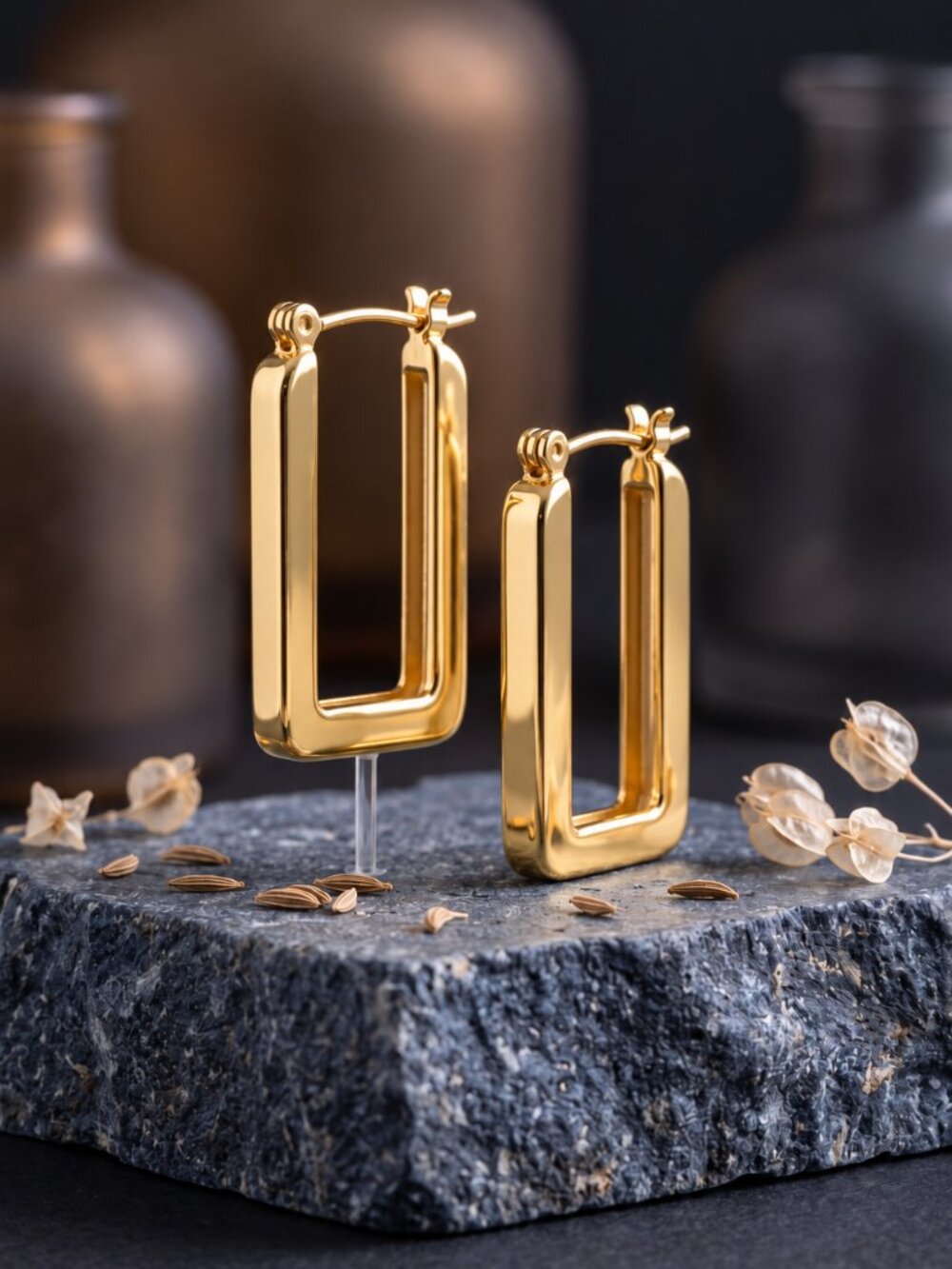 Gold Hoop Earrings Rectangle Square Geometric 18K Plated Art Deco Small 0.96"